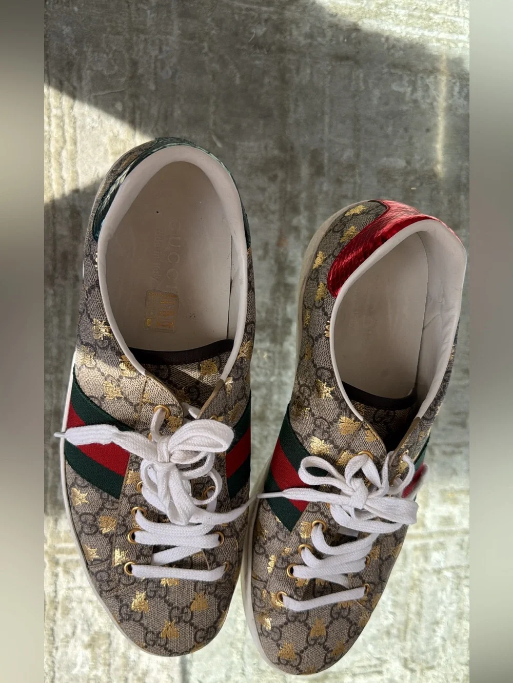 Gucci Brown Bee-Print Low-Top Sneakers with Red & Green Web
